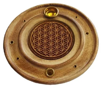 Image de Porte-encens « Fleur de vie » en bois, rond, 10 cm