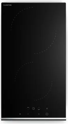 A top-down view of a black induction cooktop with silver trim.