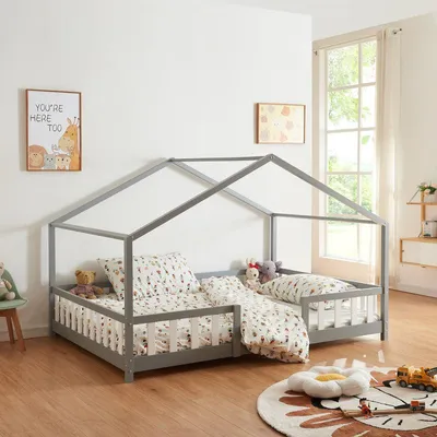 Obrázok produktu pre Detská posteľ 120x200 cm - z borovicového dreva, v bielej a svetlosivej farbe, s bočnicami na ochranu pred pádom
