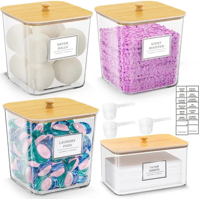 Aufbewahrungsboxen für Waschmittel, 3+1 Set, durchsichtig, Bambusdeckel