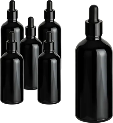 Produktbild von gouveo 6er Set Pipettenflaschen 50 ml aus Klarglas schwarz glänzend - Leere Apothekerflasche aus Glas - Tropfflasche mit Glaspipette für Essenzen, Öle, Parfüm, Extrakte
