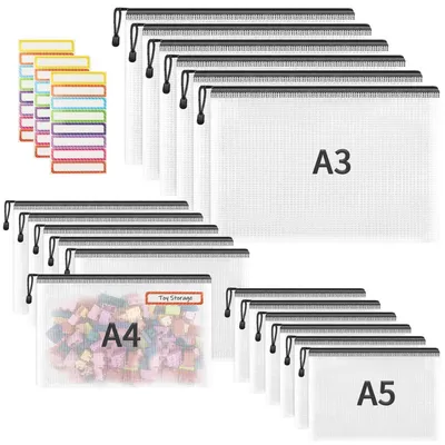 Produktbild von Dokumententaschen A3 A4 A5, 18 Stück, Reißverschluss, transluzent, PVC, Schwarz