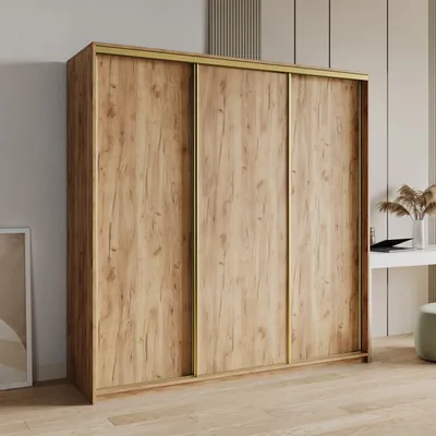 Produktbild von Masseno Schiebetürenschrank NISSE 200/205/60 cm Kleiderschrank mit Schubladen Schlafzimmer Schrank 3-türig Craft Eiche Goldfarben + Gold