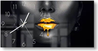 Produktbild von DEQORI Glasuhr 60x30 cm Zahlen 'Goldbedeckte Lippen' Wanduhr Glas Uhr Design leise