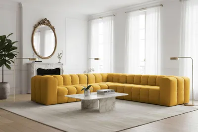 Produktbild von Ecksofa Designersofa SOLVIE in Stoff Tiffani Honiggelb Seite Universal
