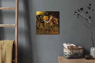 Produktbild von Coloray Hodiny Unikátní 30x30 cm  Tiché hodiny Pro obývací pokoj a kuchyň Nástěnné hodiny Plátno Bílé ručičky hodin - Ochsenkarren a Van Gogh