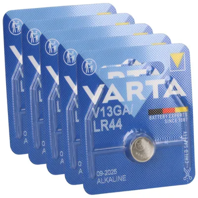 A pack of Varta LR44 alkaline button cell batteries.