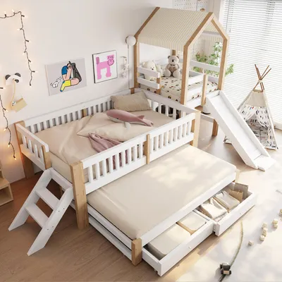 Immagine prodotto di Letto per bambini 90x200 cm con letto estraibile 90x190 cm, letto a casetta con scivolo e tetto, letto a soppalco in legno con scala e cassetti, colore legno