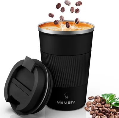 Image de MOMSIV Gobelet thermique 13oz/380ml en acier inoxydable Gobelet isolant avec couvercle Noir