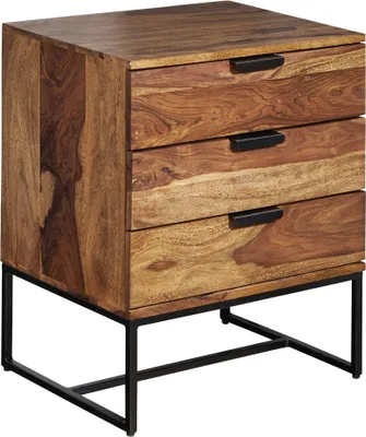Productafbeelding van WOHNLING nachtkastje Sheesham massief hout / metaal, 50x40x65 cm. Nachtkastje, geschikt voor boxspringbedden, nachtconsole met 3 lades, industriële stijl