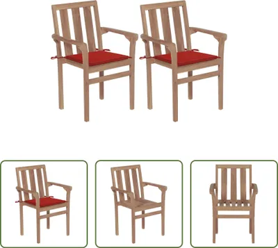 Produktbild von The Living Store Gartenstühle 2 Stk. mit Roten Kissen Teak Massivholz