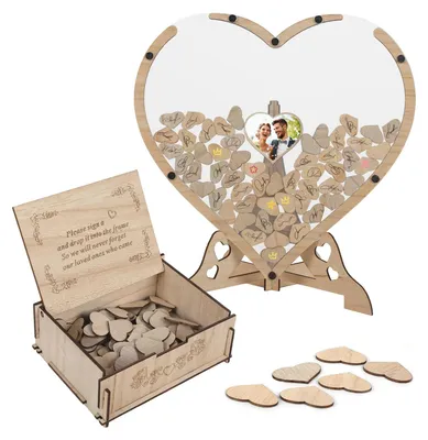 Gästebuch aus Holz, 80 Herzen, Herzform, für Hochzeit & Jubiläum