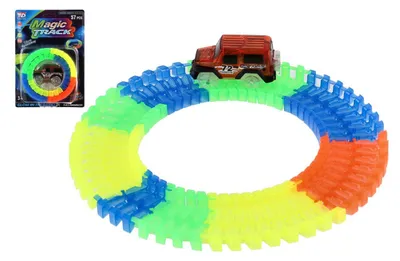 Immagine prodotto di Pista luminosa al buio + macchinina a batteria in plastica, 57 pezzi, lunghezza 72 cm, su cartoncino 17x24x7 cm