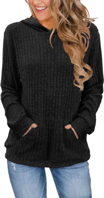 Productafbeelding van Damen trui met capuchon, gebreid, zacht, losvallend, casual, zwart, maat L