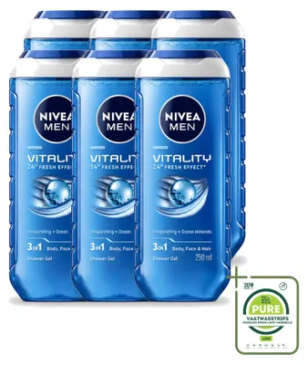 Productafbeelding van 6 x Nivea Men Vitality 3-in-1 douchegel - 250 ml - Grote verpakking - 6 stuks
