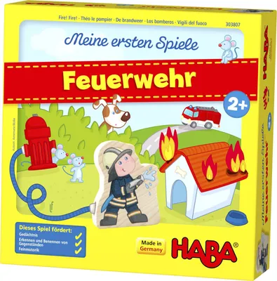 The image shows the front packaging of a children's board game about firefighters.