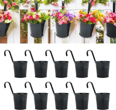 Produktbild von 10er Blumentöpfe Set, Metall Blumentöpfe zum Aufhängen mit abnehmbarem Haken, Blumentopf Hängend für Zaun Balkon Garten Pflanzer, Schwarz