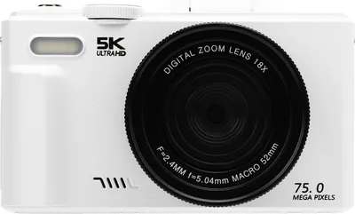 Obrázok produktu pre 5K 75MP digitálny fotoaparát WiFi 18x zoom Selfie Travel s 3-palcovým 180-stupňovým flipovým displejom 32 GB pamäťová karta Makro širokouhlý objektív LED svetlo biela