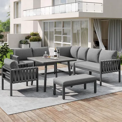 Produktbild von Gartenmöbel-Set mit Seilgeflecht Ecksofa & Tisch Grau Gartenlounge