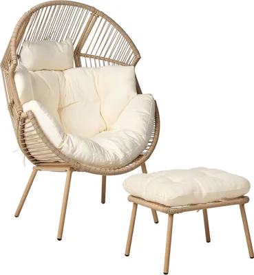 Obrázek produktu pro BELIANI Zahradní křeslo přírodní umělý ratan s podnožkou bílý bavlněný podsedák moderní boho styl do interiéru i exteriéru