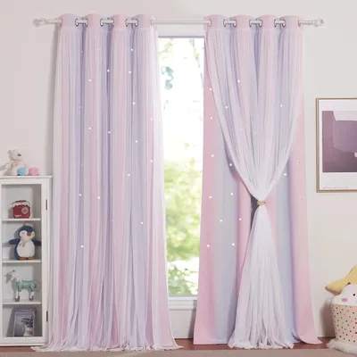 Image de Rideau occultant pour chambre d'enfant - Rideau double épaisseur avec des étoiles creuses et des voilages pour filles - Décoration - Lot de 2 avec œillets