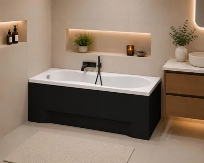 Produktbild von AQUA for you | Badewanne - Polimat GRACJA - Rechteckbadewanne – 180x80 cm - Weiß - mit schwarzer Acrylverkleidung, Chrom-Siphon, Füßen, Handtuch, KI-generiertes Bild
