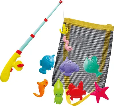Produktbild von Simba 107796069 - Großes Magnet Angelspiel, aufziehbare Angelrute mit Automatikfunktion, 39cm, 7 Meerestiere und 1 Köder, in Netztasche, Angeln, Kleinkindspielzeug, Badespielzeug
