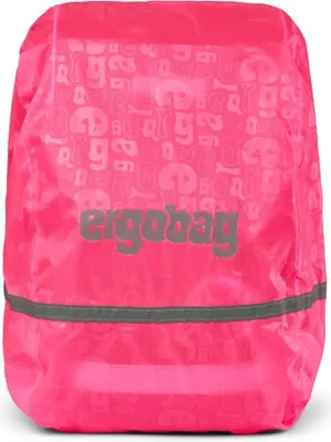 A pink backpack rain cover with a repeating pattern and the brand name 'ergobag' printed on it.