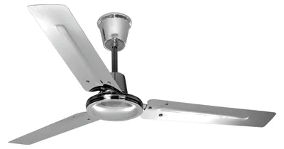 A silver ceiling fan with three blades is shown against a white background.