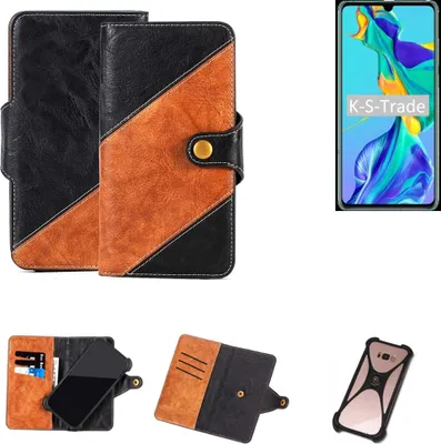 Produktbild von K-S-Trade Handyhülle Schutzhülle Bookstyle Case Wallet-Case kompatibel mit Huawei P30 Handy Cover Bumper Klapphülle schwarz hellbraun 1x
