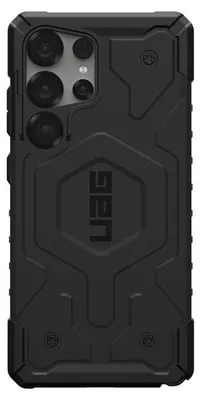 The back of a black phone case with a camera cutout and textured design.