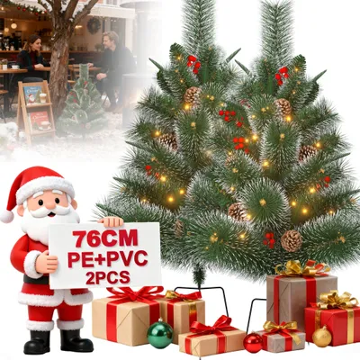 Productafbeelding van LZQ 2x Mini kerstboom, 76 cm, PE + dennennaalden | 30 warmwitte LED-lampjes, dennenappels en rode bessen, aardspies. Type B
