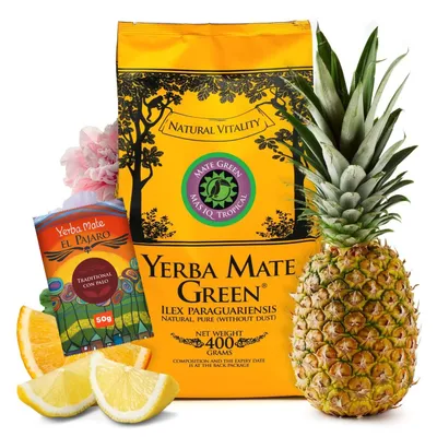 Produktbild von Yerba Mate Green “Mas IQ Tropical” 400g und 50g El Pajaro - Brasilianischer Mate-Tee mit Ananas, Orange, Zitrone & Ginseng - Fruchtige Yerba