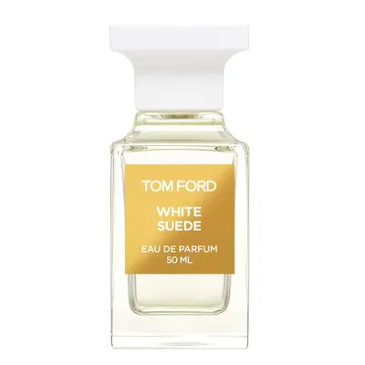 A clear, front-facing studio shot of a Tom Ford White Suede Eau de Parfum bottle against a white background.