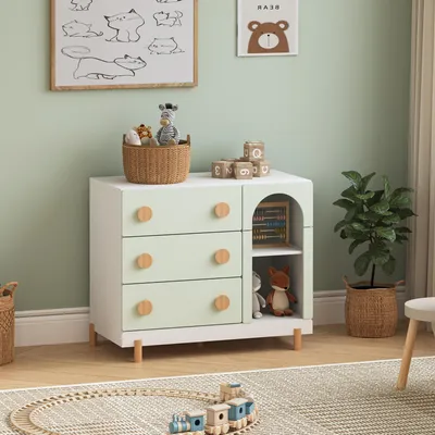 Produktbild von Kinderkommode 'Vaarentaa' 79 x 41 x 66 cm mit 3 Schubladen und 2 offenen Fächern Holzbeine Weiß/Mintgrün