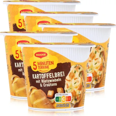 Produktbild von Maggi 5 Minuten Terrine Kartoffelbrei mit Röstzwiebel & Croutons 56g (5er Pack)