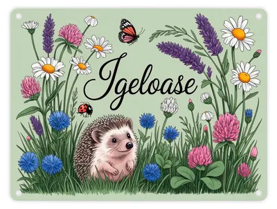 Produktbild von Igel auf Wildblumen Igeloase Metallschild in 15x20 cm Gartendeko