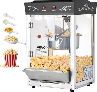 Image de Machine à pop-corn VEVOR avec cuve en acier inoxydable, 800 W machine à pop-corn commerciale, 48 tasses par charge, style cinéma, avecà 2 boutons, paroi en verre, porte PC, 1 portionneur, 3 cuillères, noir