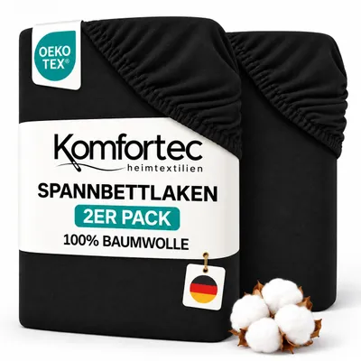 Produktbild von Komfortec 2er Pack Jersey Spannbettlaken 140x200 cm, 100% Baumwolle, Doppelpack Spannbettuch, Schwarz