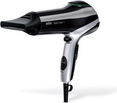 A professional studio shot of a black and silver Braun Satin Hair 7 hairdryer against a white background.