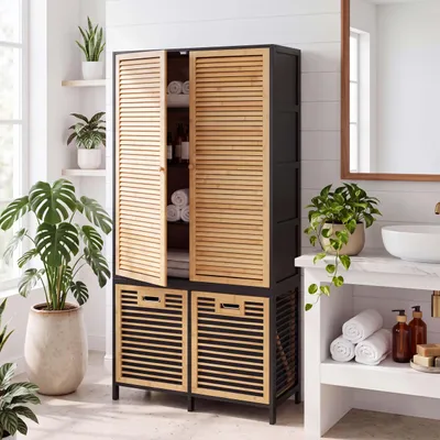 Productafbeelding van Bamboe badkamerkast HWC-N83, badkamerplank met kast, 2 wasmanden met deuren, afmetingen 168x82x34cm, kleur: naturel-zwart, manden: antraciet