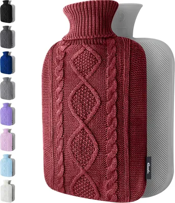 Imagen del producto de Bolsa de agua caliente con funda de punto suave, 2 litros, color burdeos, para terapia del dolor