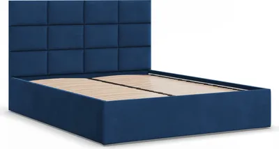 Produktbild von Polsterbett 140x200 cm mit Lattenrost, stabiles Doppelbett mit dekorativem Kopfteil, ohne Bettkasten, Samt, Blau, Dunkelblau, YORK 140 x 200