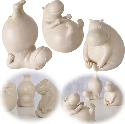 A collage of several small, beige-colored decorative hippo figurines in various yoga poses, some with a blurred background.