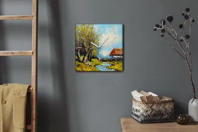 Produktbild von Coloray Hodiny Unikátní 30x30 cm  Tiché hodiny Pro obývací pokoj a kuchyň Nástěnné hodiny Plátno Bílé ručičky hodin - Vesnice stromových mraků