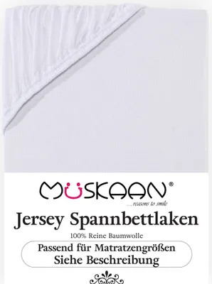 Produktbild von Müskaan Jersey Spannbettlaken 120x200 - 130x200 cm weiß bis 22cm Matratzenhöhe Gummizug Bettlaken 100% Baumwolle