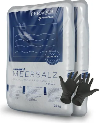 Produktbild von Peraplas Poolsalz 50 kg, Schwimmbadsalz, Chlorinator geeignet, Salzelektrolyse, Siedesalz inklusiv 1 Paar ARNOMED Einweghandschuh