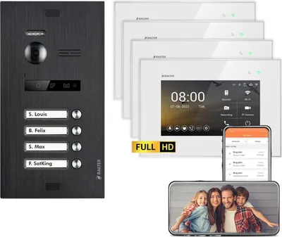 Produktbild von BALTER EVO HD WiFi Unterputz Schwarz 2-Draht 4x 7" Weiß Video Türsprechanlage Set 4 Familienhaus