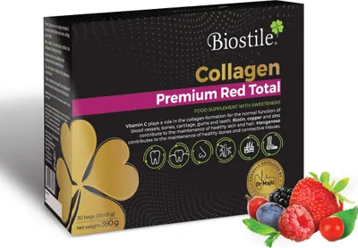 Produktbild von Biostile Collagen Premium Red Total - 30 sáčků s 8600 mg hydrolyzovaného kolagenu, vitaminem C, kurkuminem, shilajitem, zinkem, mědí, biotinem, manganem a křemíkem pro kůži, klouby a kosti
