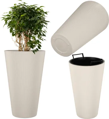 Image de Bac à fleurs KADAX Ø 29,5 x H 49 cm, bac à fleurs moderne avec pot intérieur et design strié, grand pot en plastique (crème)